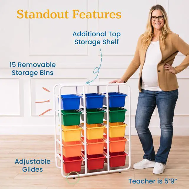 Alt view image 6 of 7 - 5-Tier Storage Rack with 15 Cubby Bins 5x3, Multipurpose Organization, Primary