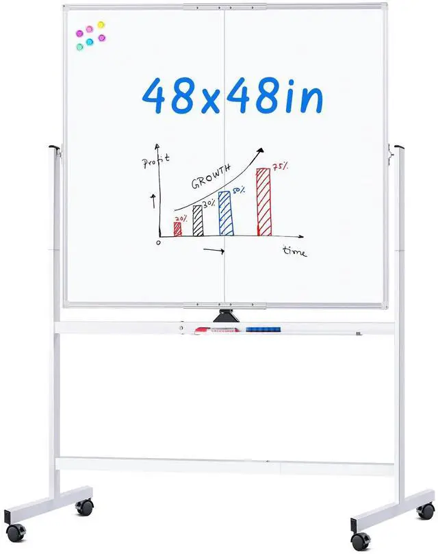 Main image of Rolling Whiteboard, 48x48 Large Magnetic White Board with Stands, Big Double-Sided White Board Dry Erase on Wheels for Homeschool, Home Office, Office, School
