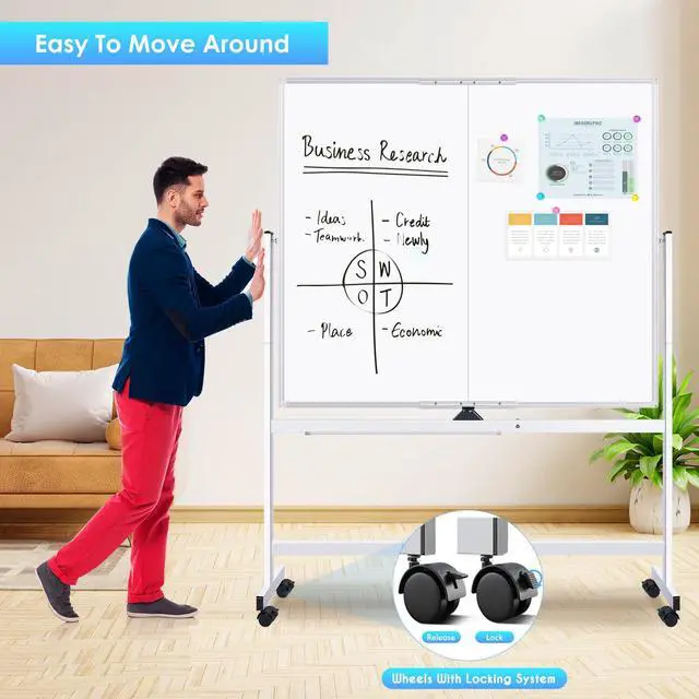 Alt view image 2 of 7 - Rolling Whiteboard, 48x48 Large Magnetic White Board with Stands, Big Double-Sided White Board Dry Erase on Wheels for Homeschool, Home Office, Office, School