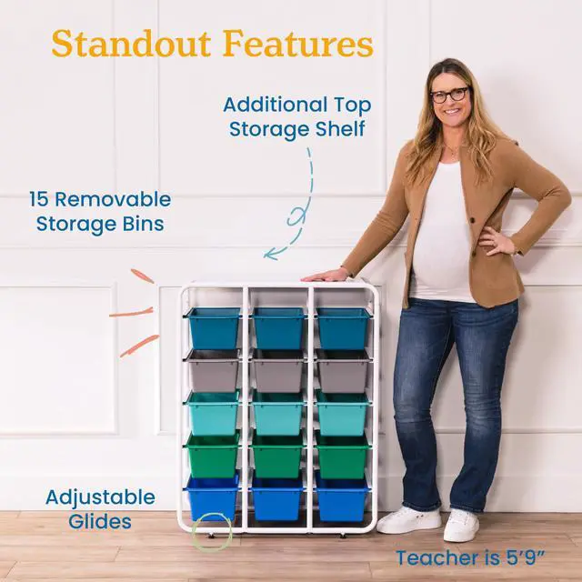 Alt view image 6 of 7 - 5-Tier Storage Rack with 15 Cubby Bins 5x3, Multipurpose Organization, Contemporary