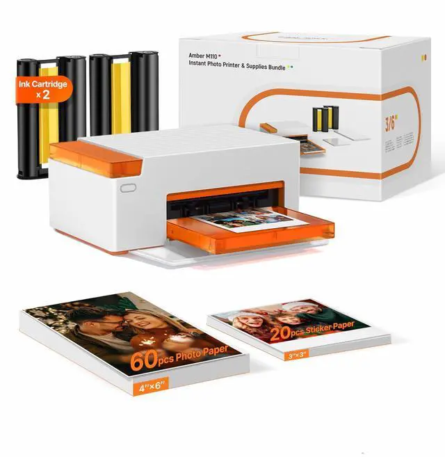 Main image of Amber M110 Bluetooth Photo Printer 80 Sheets, Portable Photo Printer for iPhone, Thermal Dye Sublimation, Picture Printer 60 Sheets 4x6 Paper & 20 Sheets 3" Square Sticker Paper & 2 Cartridges