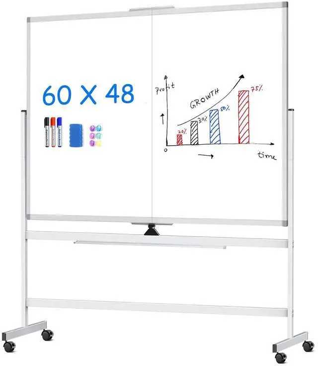Main image of 60 x 48 Double Sided Rolling Whiteboard, Mobile Whiteboard Magnetic White Board - Large Reversible Dry Erase Board Easel Standing Board on Wheels with Stand (60 x 48)
