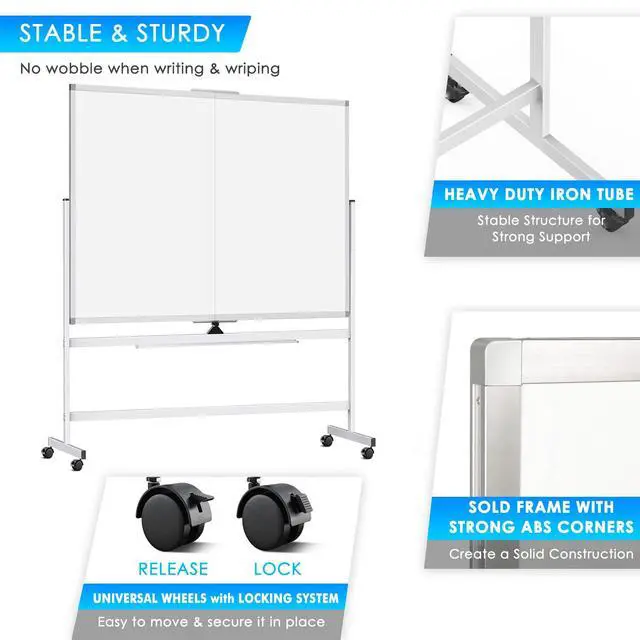 Alt view image 2 of 7 - 60 x 48 Double Sided Rolling Whiteboard, Mobile Whiteboard Magnetic White Board - Large Reversible Dry Erase Board Easel Standing Board on Wheels with Stand (60 x 48)