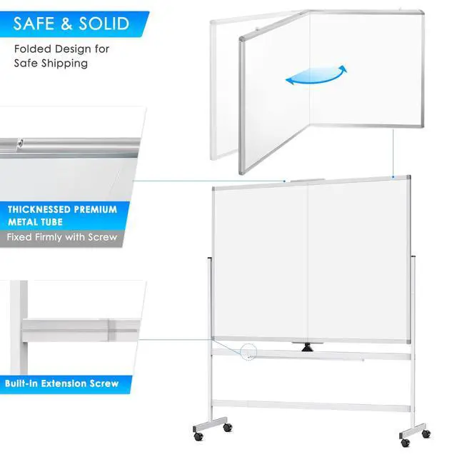 Alt view image 3 of 7 - 60 x 48 Double Sided Rolling Whiteboard, Mobile Whiteboard Magnetic White Board - Large Reversible Dry Erase Board Easel Standing Board on Wheels with Stand (60 x 48)