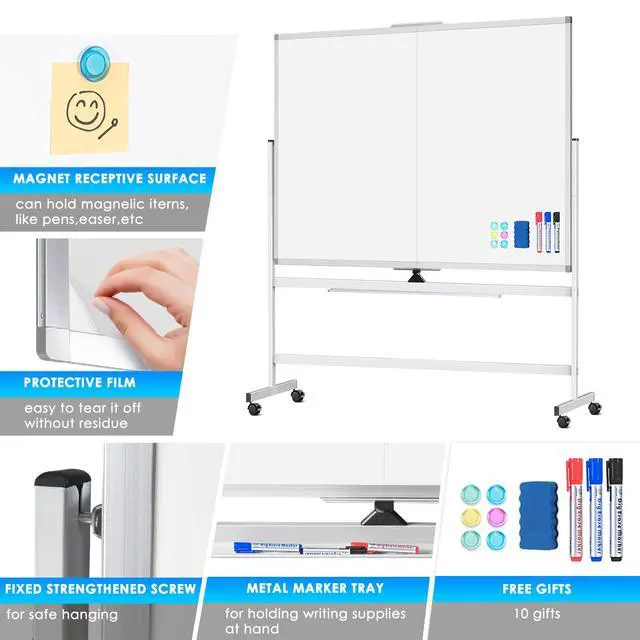 Alt view image 5 of 7 - 60 x 48 Double Sided Rolling Whiteboard, Mobile Whiteboard Magnetic White Board - Large Reversible Dry Erase Board Easel Standing Board on Wheels with Stand (60 x 48)
