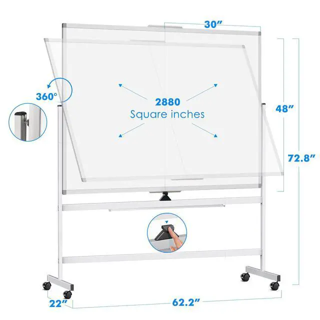 Alt view image 4 of 7 - 60 x 48 Double Sided Rolling Whiteboard, Mobile Whiteboard Magnetic White Board - Large Reversible Dry Erase Board Easel Standing Board on Wheels with Stand (60 x 48)