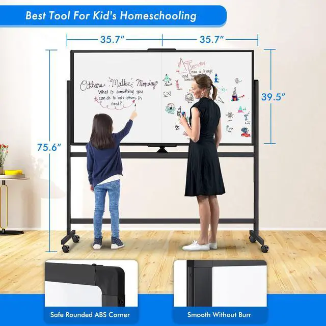 Alt view image 4 of 7 - 72 x 40 Double Sided Rolling Whiteboard, Mobile Whiteboard Magnetic White Board - Large Reversible Dry Erase Board Easel Standing Board on Wheels with Stand (72 x 40 Black)