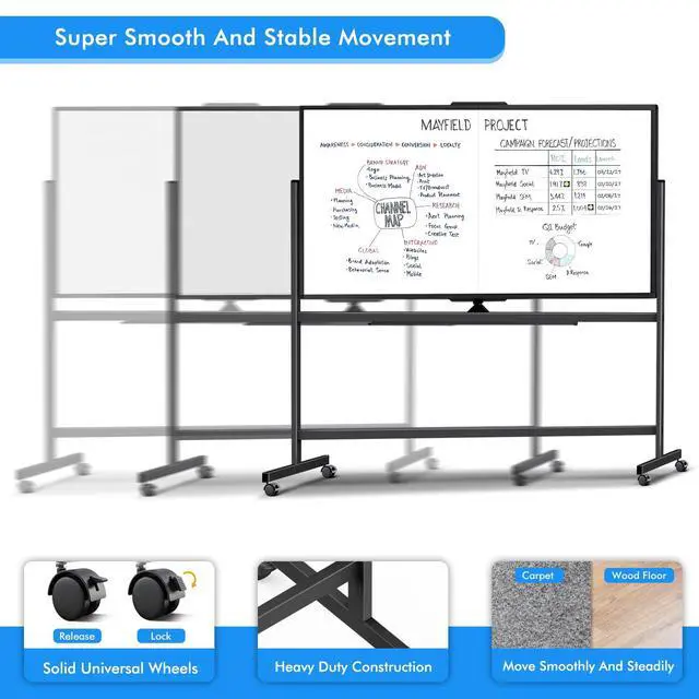 Alt view image 7 of 7 - 72 x 40 Double Sided Rolling Whiteboard, Mobile Whiteboard Magnetic White Board - Large Reversible Dry Erase Board Easel Standing Board on Wheels with Stand (72 x 40 Black)
