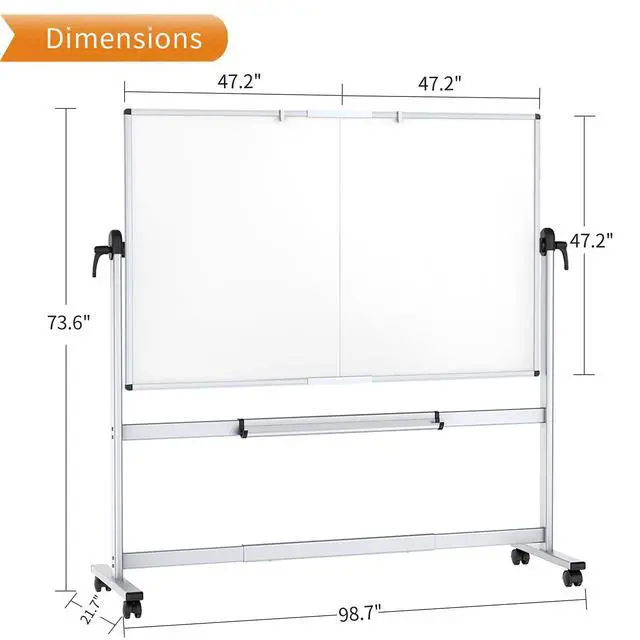 Alt view image 2 of 6 - Rolling Whiteboard, 96" x 48" Mobile White Board with Stand | 8' x 4' Double-Sided Standing Magnetic Dry Erase Board on Wheels for School Office Home