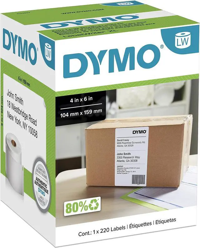 Main image of Authentic LW Extra-Large Shipping Labels Labels for LabelWriter 5XL and 4XL Label Printers Only White 4" x 6" 1 Roll of 220 (Pack of 6)