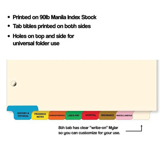 Alt view image 2 of 7 - Stock Medical Chart Dividers, 200 Sets of 8 Popular Healthcare Index Tab, Bottom Tab, 8-1/2" x 11-3/8", Tabbies 54500, File Folder Organizer for Nursing Patient Charts & Medical Records