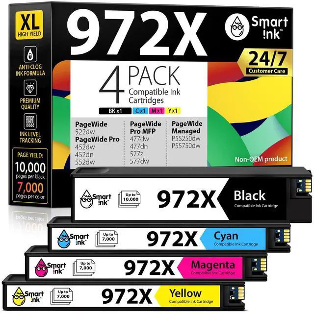 Main image of Compatible Ink Cartridges Replacement for HP 972X 972 X (4 Pack Combo) to use with PageWide Pro 477dw 577dw 452dw 477dn 452dn 577z 552dw P55250dw Printers (Black & Cyan Magenta Yellow)
