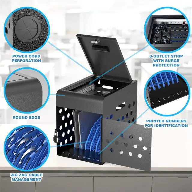 Alt view image 5 of 7 - 8-Unit Charging Cabinet for Laptops & Tablet Up to 14" | Locking Laptop Storage Box with Cable Management, Charger Storage for Classroom, Library, and Office. Black