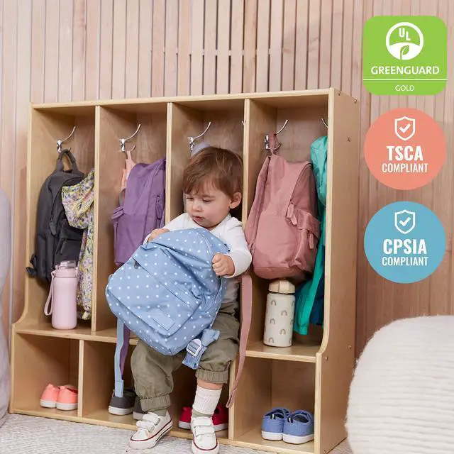 Alt view image 5 of 7 - Streamline 4-Section Toddler Coat Locker with Bench, Classroom Furniture, Natural