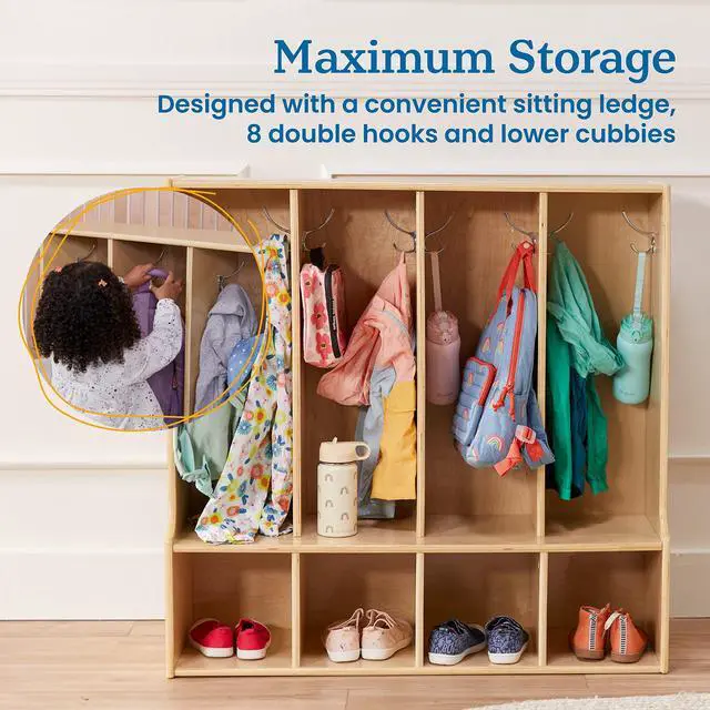 Alt view image 4 of 7 - Streamline 4-Section Toddler Coat Locker with Bench, Classroom Furniture, Natural
