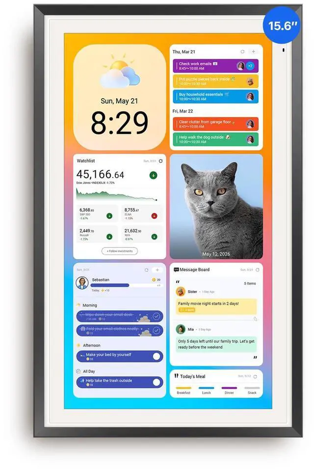 Main image of 15.6-inch Digital Calendar, Smart Wall Planner with Calendar Sync, Chore Chart, Meal, Install Apps & Widget, Electronic Touchscreen Display for Family Schedules, Dual Mode, with Stand (Black)