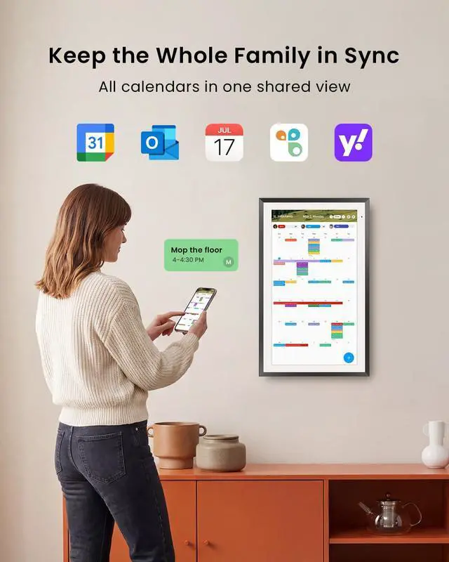 Alt view image 2 of 7 - 15.6-inch Digital Calendar, Smart Wall Planner with Calendar Sync, Chore Chart, Meal, Install Apps & Widget, Electronic Touchscreen Display for Family Schedules, Dual Mode, with Stand (Black)