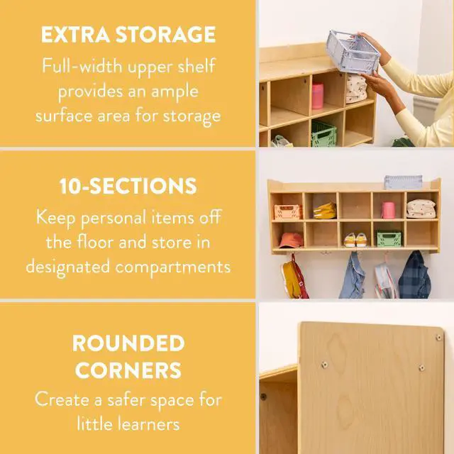 Alt view image 4 of 7 - 10-Section Wall Mount Coat Locker with Shelf, Hanging Organizer, Natural