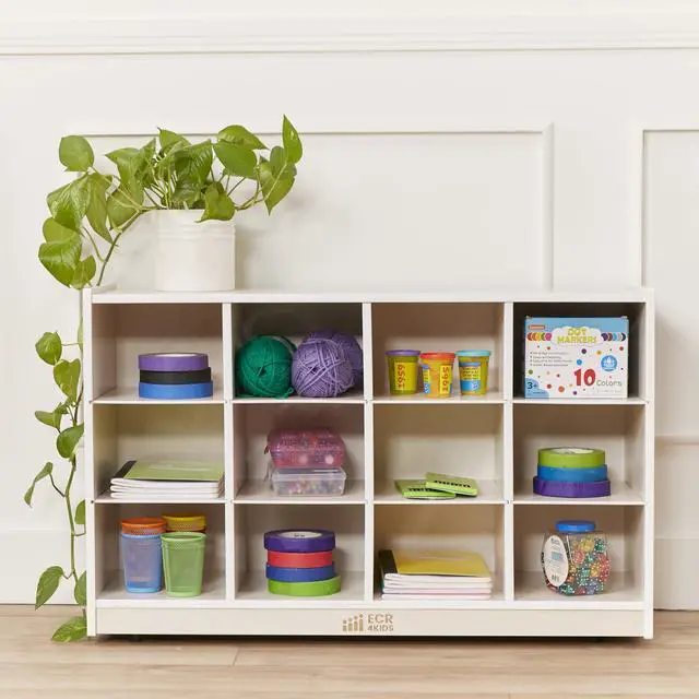 Alt view image 2 of 7 - 12 Cubby Mobile Tray Storage Cabinet, 3x4, Classroom Furniture, White Wash