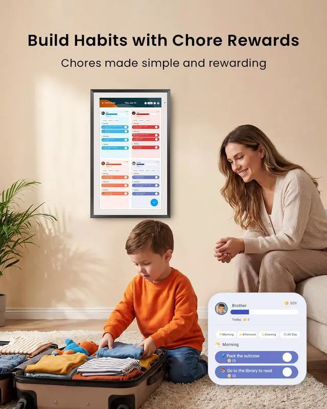 Alt view image 5 of 7 - 15.6-inch Digital Calendar, Smart Wall Planner with Calendar Sync, Chore Chart, Meal, Install Apps & Widget, Electronic Touchscreen Display for Family Schedules, Dual Mode, with Stand (Black)