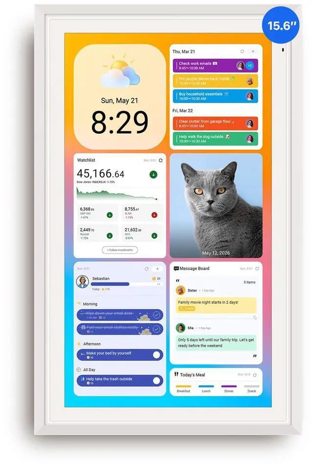 Main image of 15.6-inch Digital Calendar, Smart Wall Planner with Calendar Sync, Chore Chart, Meal, Install Apps & Widget, Electronic Touchscreen Display for Family Schedules, Dual Mode, with Stand (White)