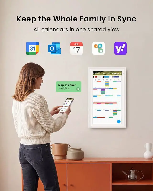 Alt view image 2 of 7 - 15.6-inch Digital Calendar, Smart Wall Planner with Calendar Sync, Chore Chart, Meal, Install Apps & Widget, Electronic Touchscreen Display for Family Schedules, Dual Mode, with Stand (White)