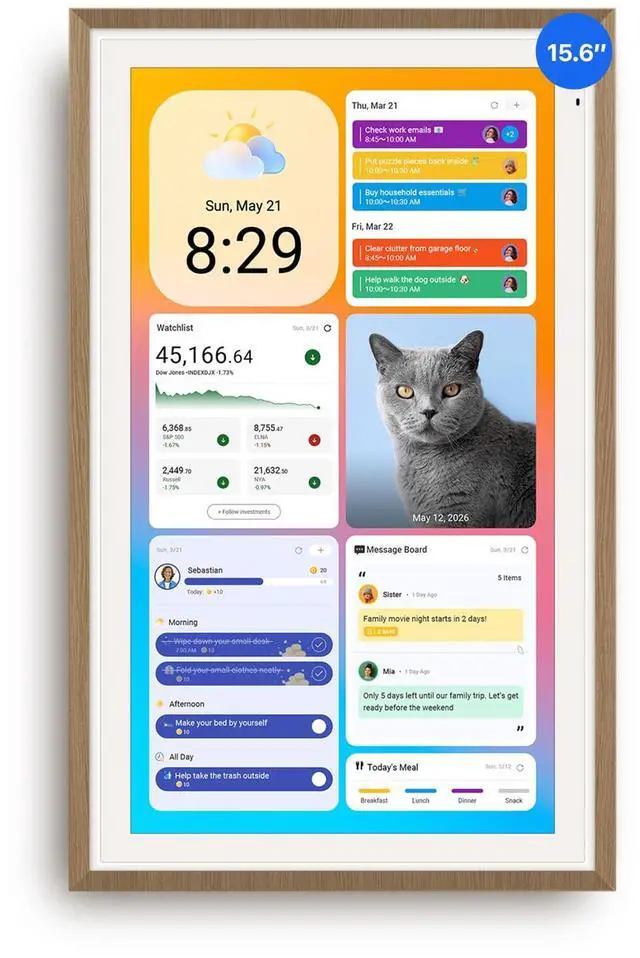 Main image of 15.6-inch Digital Calendar, Smart Wall Planner with Calendar Sync, Chore Chart, Meal, Install Apps & Widget, Electronic Touchscreen Display for Family Schedules, Dual Mode, with Stand (Teak)