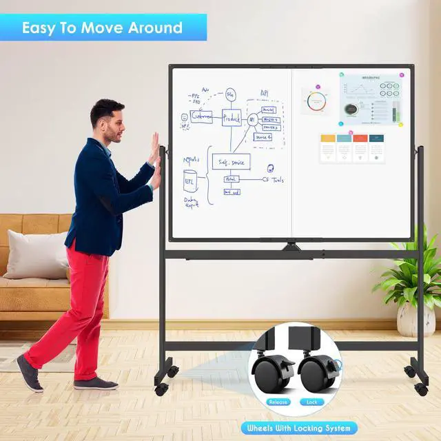 Alt view image 5 of 7 - Rolling Whiteboard, 48x36 Large Magnetic White Board with Stands, Big Double-Sided White Board Dry Erase on Wheels for Homeschool, Home Office, Office, School (Black, 48 x 36)