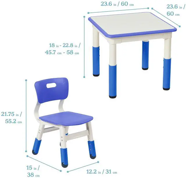 Alt view image 2 of 7 - Dry-Erase Square Activity Table with 2 Chairs, Adjustable, Kids Furniture, Blue, 3-Piece
