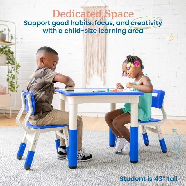 Alt view image 3 of 7 - Dry-Erase Square Activity Table with 2 Chairs, Adjustable, Kids Furniture, Blue, 3-Piece