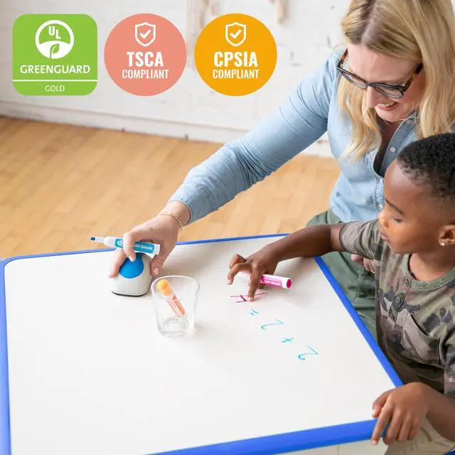 Alt view image 6 of 7 - Dry-Erase Square Activity Table with 2 Chairs, Adjustable, Kids Furniture, Blue, 3-Piece