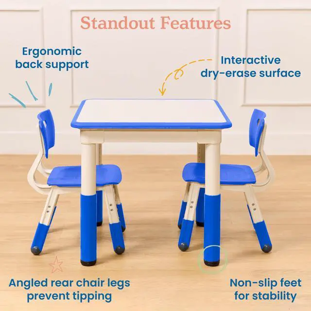 Alt view image 4 of 7 - Dry-Erase Square Activity Table with 2 Chairs, Adjustable, Kids Furniture, Blue, 3-Piece