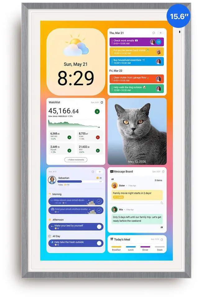 Main image of 15.6-inch Digital Calendar, Smart Wall Planner with Calendar Sync, Chore Chart, Meal, Install Apps & Widget, Electronic Touchscreen Display for Family Schedules, Dual Mode, with Stand (Gray)