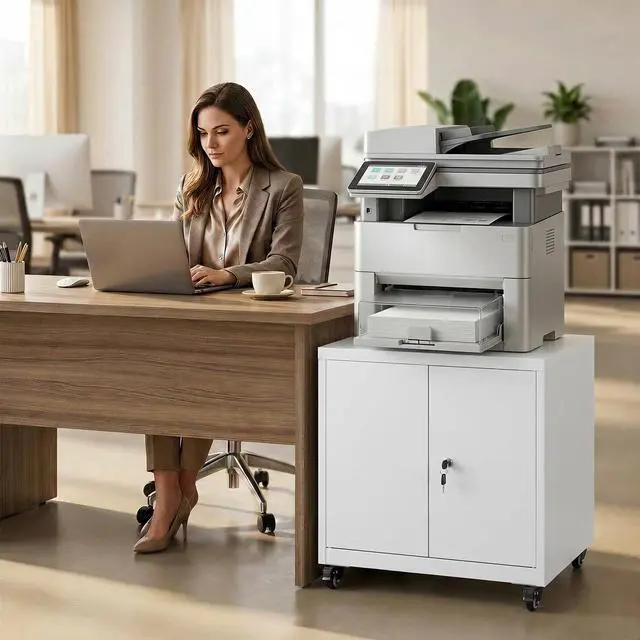 Alt view image 4 of 7 - 23.6 H Metal Printer Stand with Lockable Storage Cabinet & Wheels, Heavy Duty Rolling Printer Cart with Adjustable Shelf, Large Printer Table for Home Office, Under Desk Printer Cabinet, White