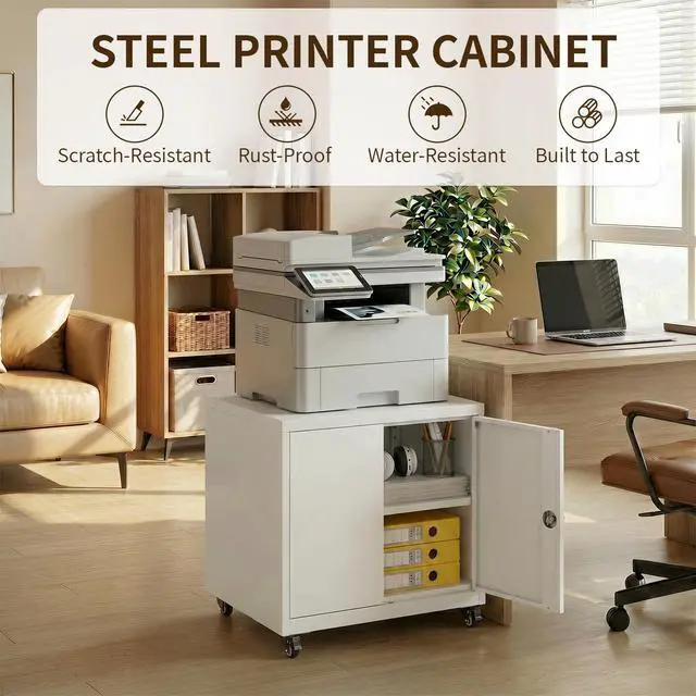 Alt view image 3 of 7 - 23.6 H Metal Printer Stand with Lockable Storage Cabinet & Wheels, Heavy Duty Rolling Printer Cart with Adjustable Shelf, Large Printer Table for Home Office, Under Desk Printer Cabinet, White