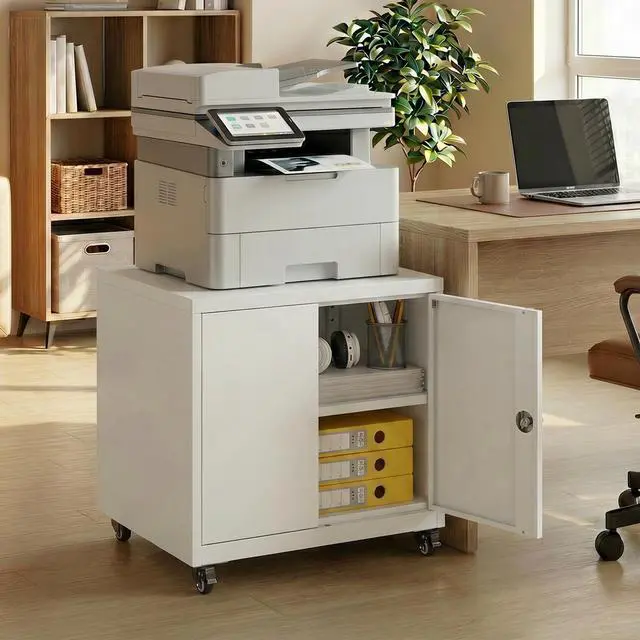 Main image of 23.6 H Metal Printer Stand with Lockable Storage Cabinet & Wheels, Heavy Duty Rolling Printer Cart with Adjustable Shelf, Large Printer Table for Home Office, Under Desk Printer Cabinet, White