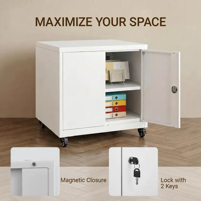 Alt view image 5 of 7 - 23.6 H Metal Printer Stand with Lockable Storage Cabinet & Wheels, Heavy Duty Rolling Printer Cart with Adjustable Shelf, Large Printer Table for Home Office, Under Desk Printer Cabinet, White