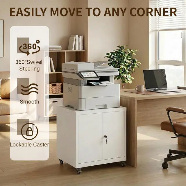 Alt view image 7 of 7 - 23.6 H Metal Printer Stand with Lockable Storage Cabinet & Wheels, Heavy Duty Rolling Printer Cart with Adjustable Shelf, Large Printer Table for Home Office, Under Desk Printer Cabinet, White