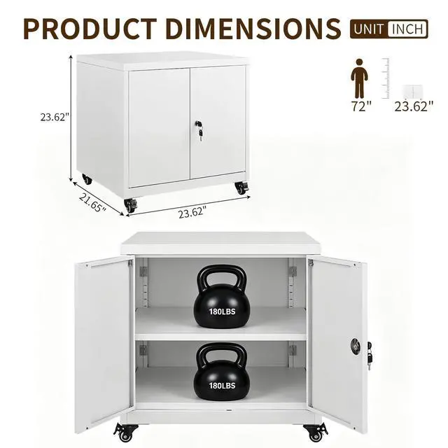 Alt view image 2 of 7 - 23.6 H Metal Printer Stand with Lockable Storage Cabinet & Wheels, Heavy Duty Rolling Printer Cart with Adjustable Shelf, Large Printer Table for Home Office, Under Desk Printer Cabinet, White