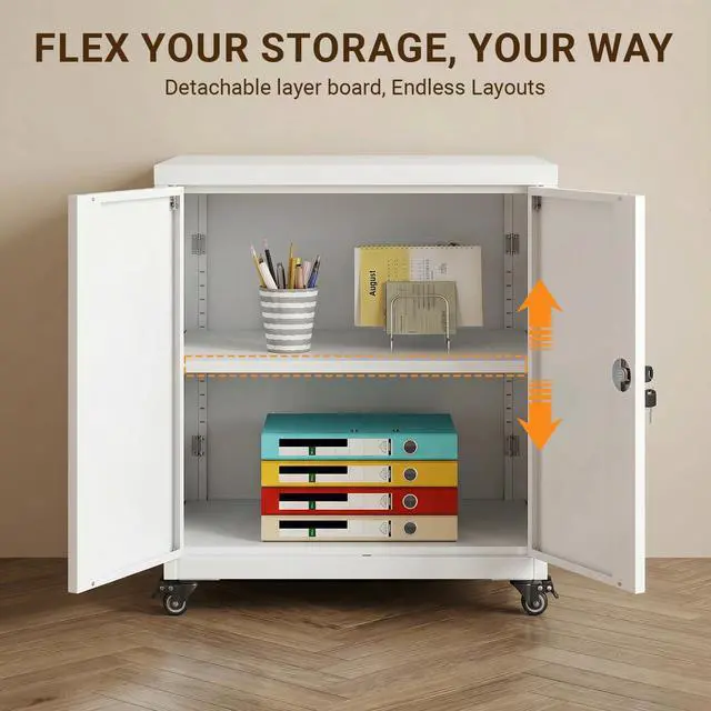 Alt view image 6 of 7 - 23.6 H Metal Printer Stand with Lockable Storage Cabinet & Wheels, Heavy Duty Rolling Printer Cart with Adjustable Shelf, Large Printer Table for Home Office, Under Desk Printer Cabinet, White