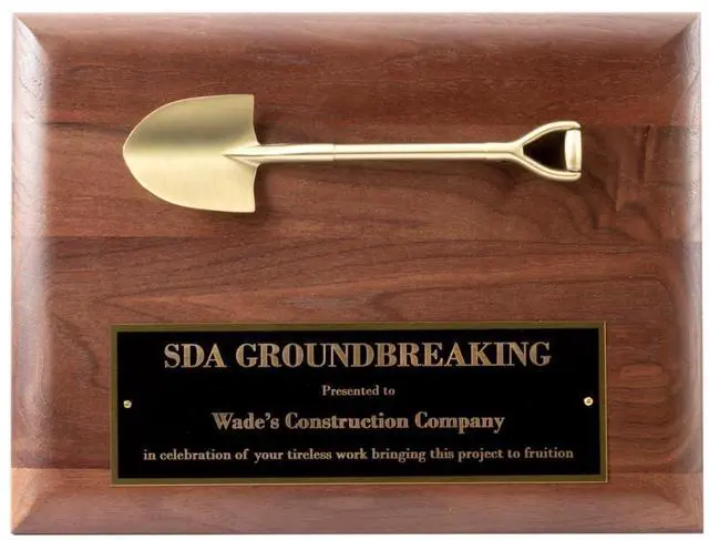 Main image of Walnut Gold Shovel Construction & Groundbreaking Plaque | Free Engraving, 9" x 12", Solid American Walnut with Satin Finish, Heavy Weight Metal Casting, Brass Plate
