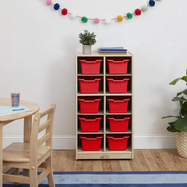 Alt view image 2 of 7 - 10 Cubby Mobile Tray Cabinet and 10 Scoop Front Bins, 5x2, Kids Furniture, Red
