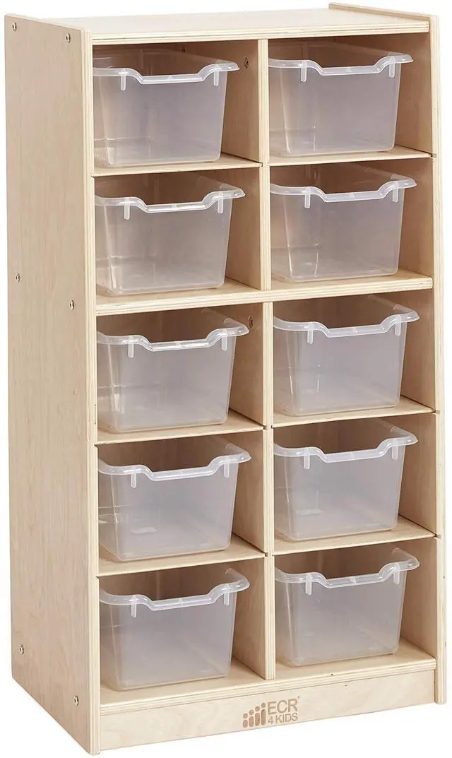 Main image of 10 Cubby Tray Cabinet with Scoop Front Storage Bins, 5x2, Natural, Classroom Furniture, Clear