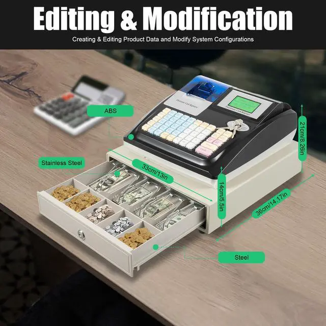 Alt view image 4 of 7 - Electronic Cash Register, 48 Keys 35W Cash Register for Small Businesses with with 2.4in/s Printing Speed Cash Management System for Restaurant Supermarket Retail 8-Digits LED Display Black