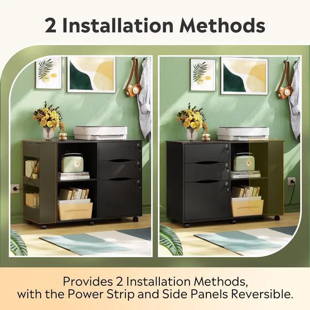 Alt view image 4 of 7 - 3 Drawer Lateral Rolling File Cabinet with Lock (Black) | Wood, Charging Station, Open Storage Shelves, Letter & A4 Files, Printer Stand, Home Office