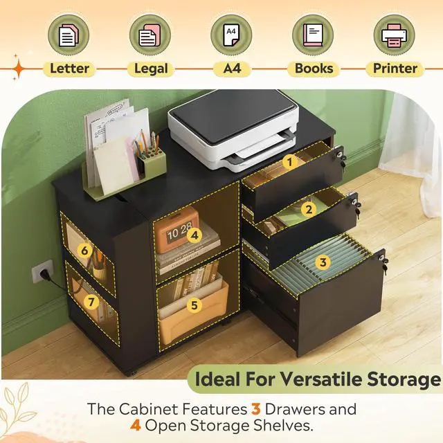 Alt view image 6 of 7 - 3 Drawer Lateral Rolling File Cabinet with Lock (Black) | Wood, Charging Station, Open Storage Shelves, Letter & A4 Files, Printer Stand, Home Office