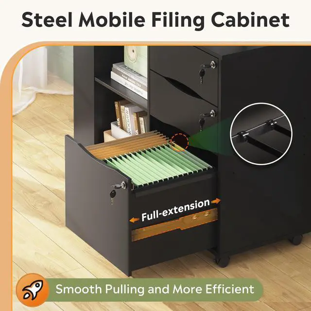 Alt view image 7 of 7 - 3 Drawer Lateral Rolling File Cabinet with Lock (Black) | Wood, Charging Station, Open Storage Shelves, Letter & A4 Files, Printer Stand, Home Office