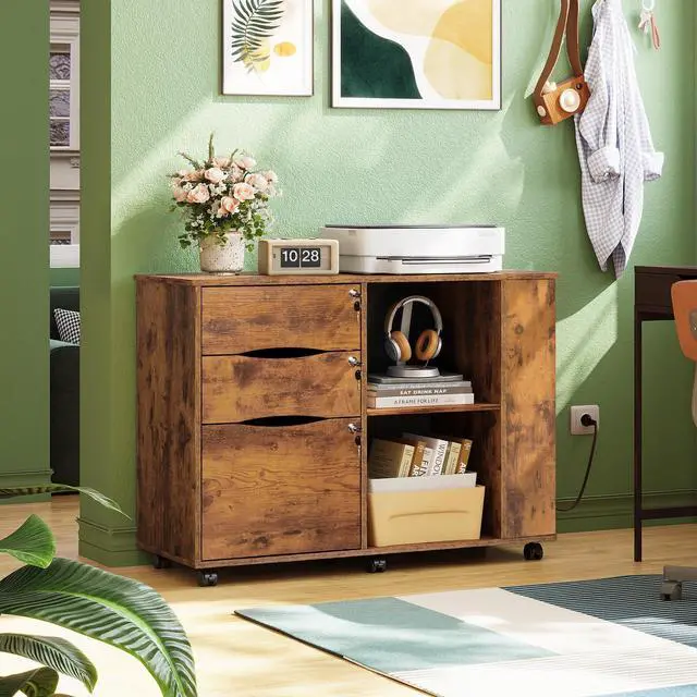 Alt view image 2 of 7 - 3 Drawer Lateral Rolling File Cabinet with Lock (Rustic Brown) | Wood, Charging Station, Open Storage Shelves, Letter & A4 Files, Printer Stand, Home Office