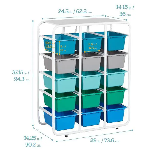 Alt view image 3 of 7 - 5-Tier Storage Rack with 15 Cubby Bins 5x3, Multipurpose Organization, Contemporary