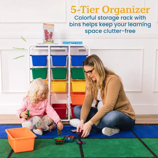 Alt view image 4 of 7 - 5-Tier Storage Rack with 15 Cubby Bins 5x3, Multipurpose Organization, Primary